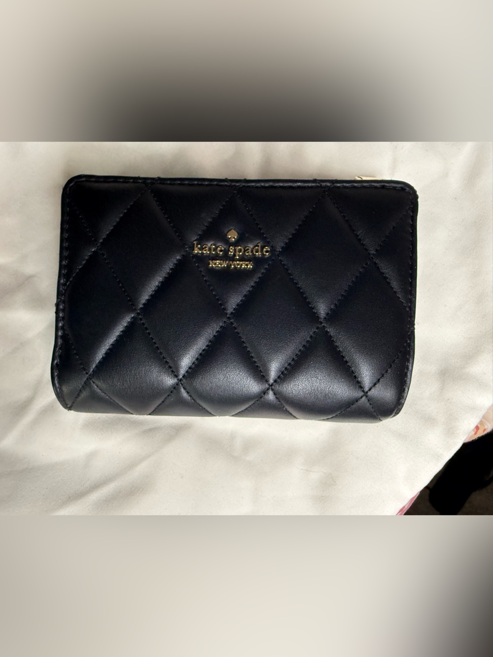 kate spade Black Quilted Leather Zip Wallet with Gold Logo